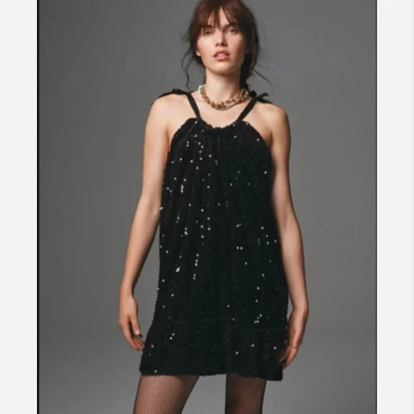 NWOT Free People Nova Black Sequined Velvet Adjustable Mini Dress - Picture 1 of 5